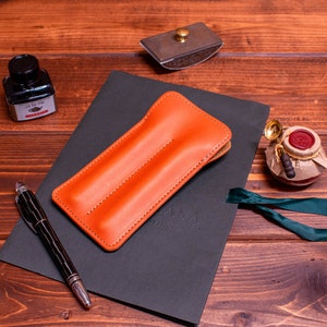 Double Fountain Pen Sleeve in Orange Italian Leather.  Leather pen case, personalized gift, pen holder.