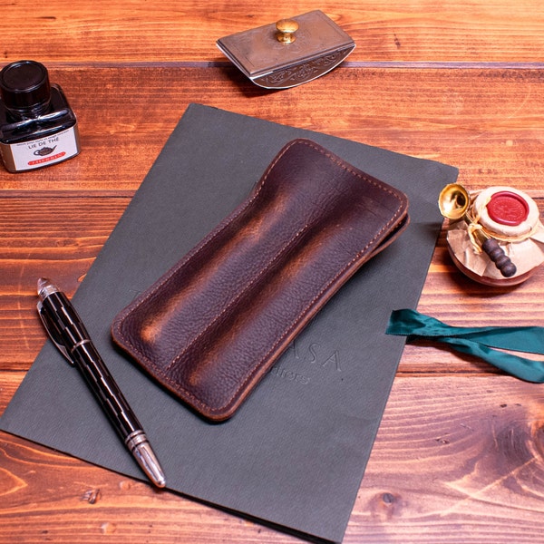 Double Pen Sleeve in Adventure Brown Leather, Pigskin & Matching Stitching