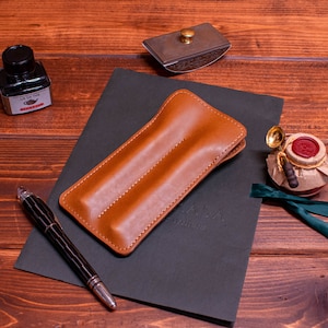Double Fountain Pen Sleeve in Tan Italian Leather.  Leather pen case, personalized gift, pen holder.