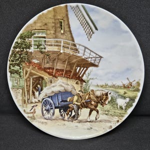 Vintage 1984 Dutch Royal Schwabap Plate Windmill And Horse And Carriage With Bags Of Flour Handdecorated Holland Old Craft 7.7 Inches Gift