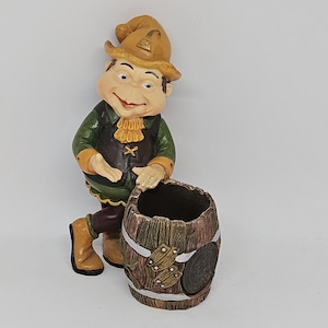 Laaf Leaning on Wooden Barrel Small Planter Efteling Small 5.3 Inches Figurine Holland 1999 The Laaf Collection Terra Lavartica Gnome RARE