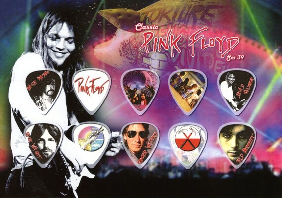 Pink Floyd Guitar Picks on Photographic Background 10 Guitar Picks