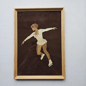 Vintage Asian Bamboo Straw Wall Art Figure Skater Framed 1950s Mid Century Boxed Ice Skating