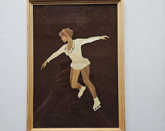 Vintage Asian Bamboo Straw Wall Art Figure Skater Framed 1950s Mid Century Boxed Ice Skating