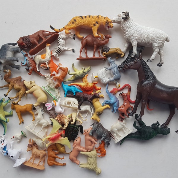 Lot de 40 grandes et petites figurines d'animaux en plastique, décoration de gâteau, Zoo, cochon, vache, Lion, rhinocéros, Dino, chameau, serpent, zèbre, poulet