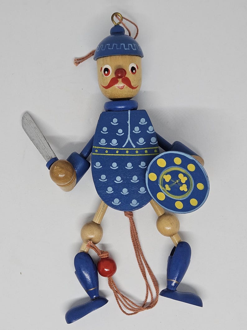 Sword Puppet Vintage Wooden Jumping Jack Pull String Puppet Toy Blue Knight 70's ...