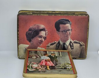 Lot Of 2 King Baudouin (Boudewijn) And Queen Fabiola Tins From Belgium Vintage 50&#39;s 60&#39;s Cote D&#39;or And Jacques Super Chocolat