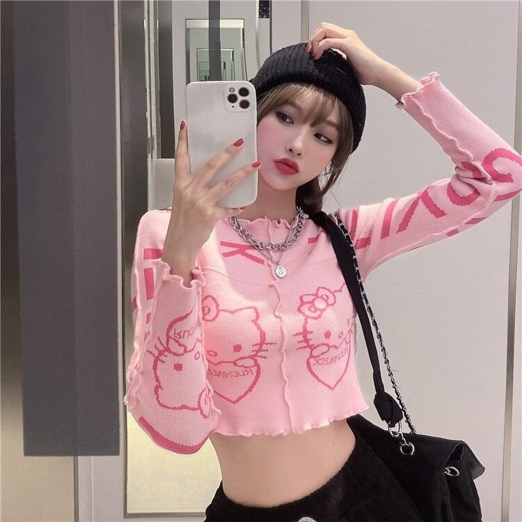 Pink Kitty Knit Crop Top Lolita Fashion Kawaii Pullover Kawaii - Etsy Canada