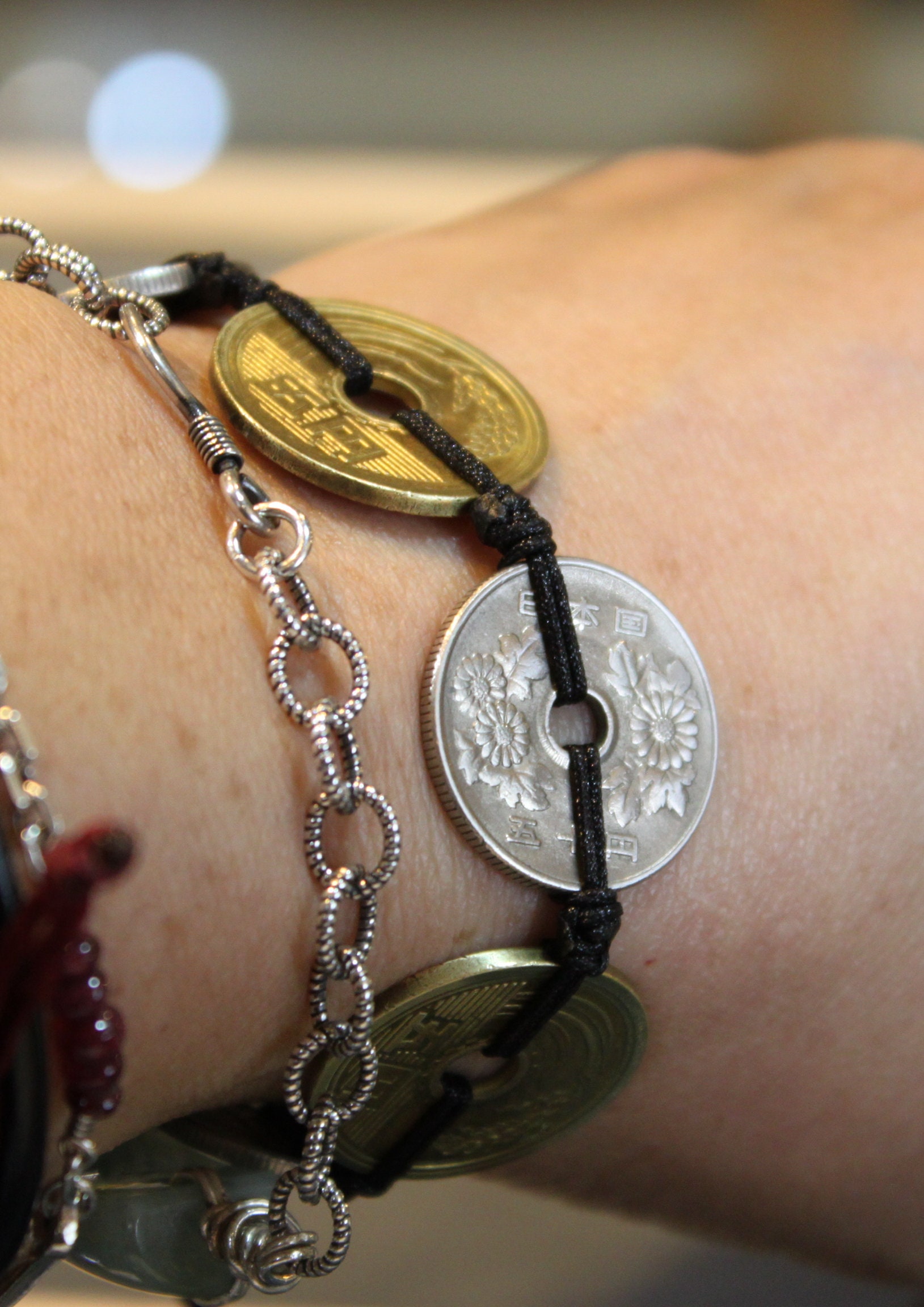 Japanese 5 Yen and 50 Yen Coins Bracelet, Adjustable Thread