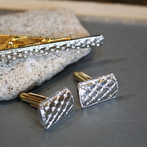 Vintage Tie Clip and CuffLinks Matching Set, Silver/Gold Tone Patterned Crystals Design
