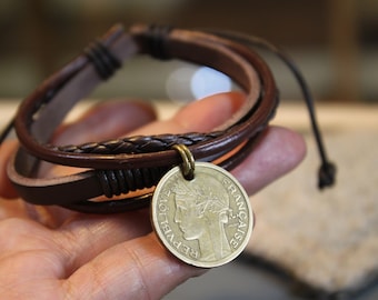 1940 France Coin, Adjustable Multi Strand Leather Cord Bracelet, 82nd Birthday Gift, Anniversary Gift