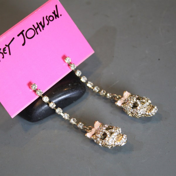 Vintage Betsey Johnson Crystal Rhinestone Skull Dangle Earrings