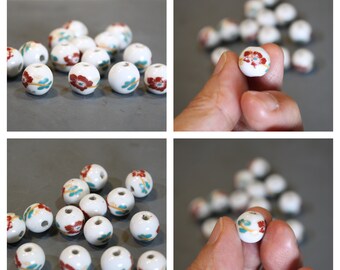 Lot Sale 15 pcs VINTAGE 80s Chinese Porcelain Floral Painting Beads, Jewelry supplies