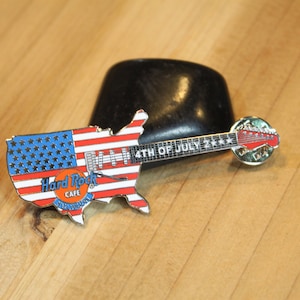 Broche de guitare vintage Hard Rock Cafe unique, avec carte des États-Unis, ton argent, amour de guitare, amour vintage