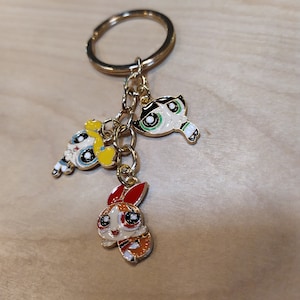The Powerpuff Girls Enamel Key Ring Key Chain, Gold Tone, Vintage Love
