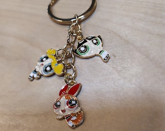 The Powerpuff Girls Enamel Key Ring Key Chain, Gold Tone, Vintage Love