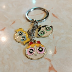 The Powerpuff Girls Enamel Key Ring Key Chain, Gold Tone, Vintage Love