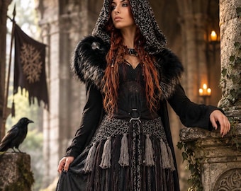 May include: A black hooded cloak with a faux fur collar worn over a long black dress featuring a textured waist belt with hanging tassels and fringe. The dress has a tiered skirt with lace detailing and long sleeves, creating a layered ensemble.