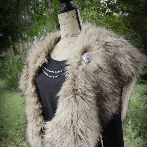 Barbarian Fur Viking Shoulder Mantle, Brooches Included