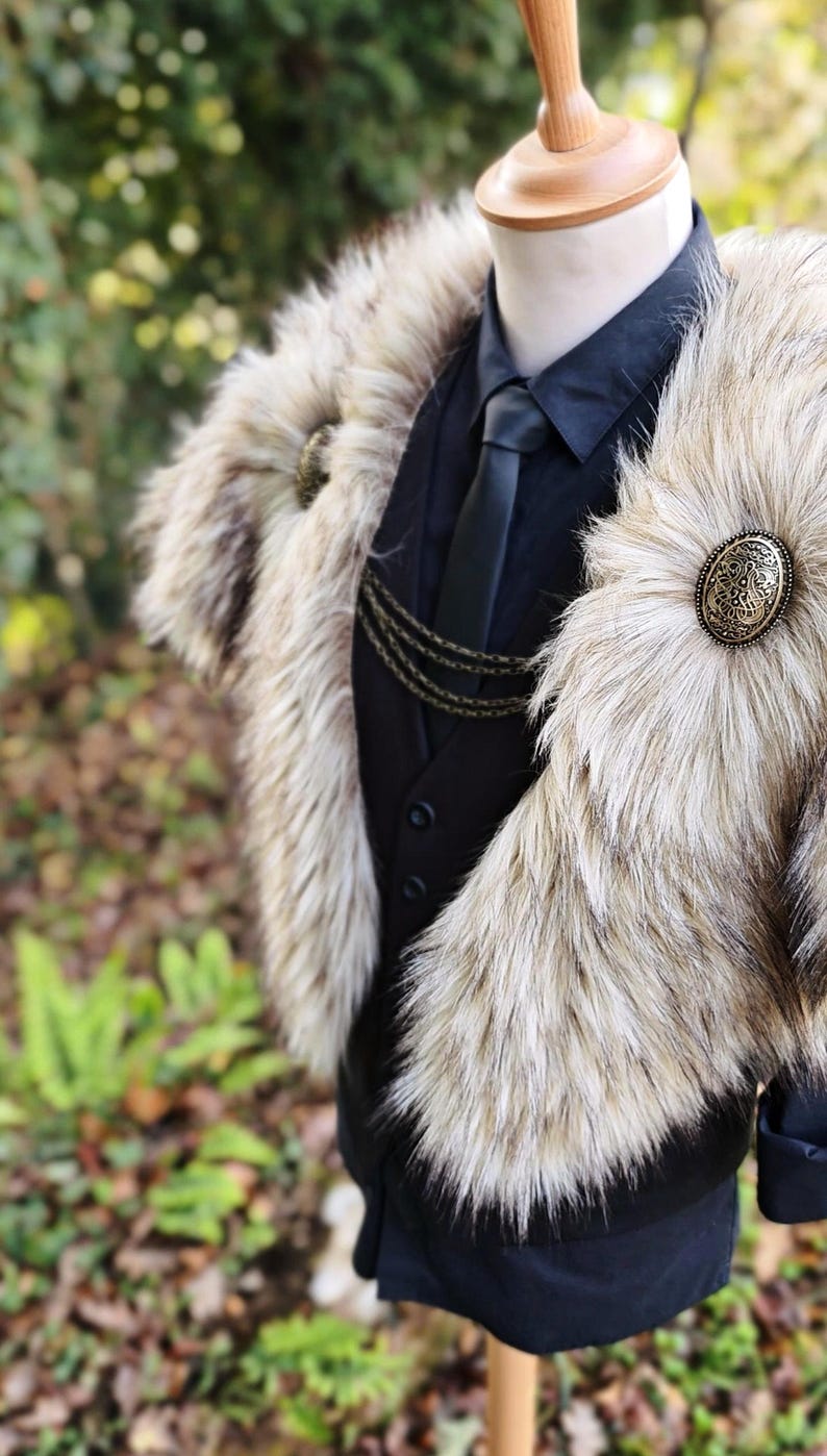 Wild Wolf Vegan Fur Viking Mantle with Brooches, Barbarian Edition image 8