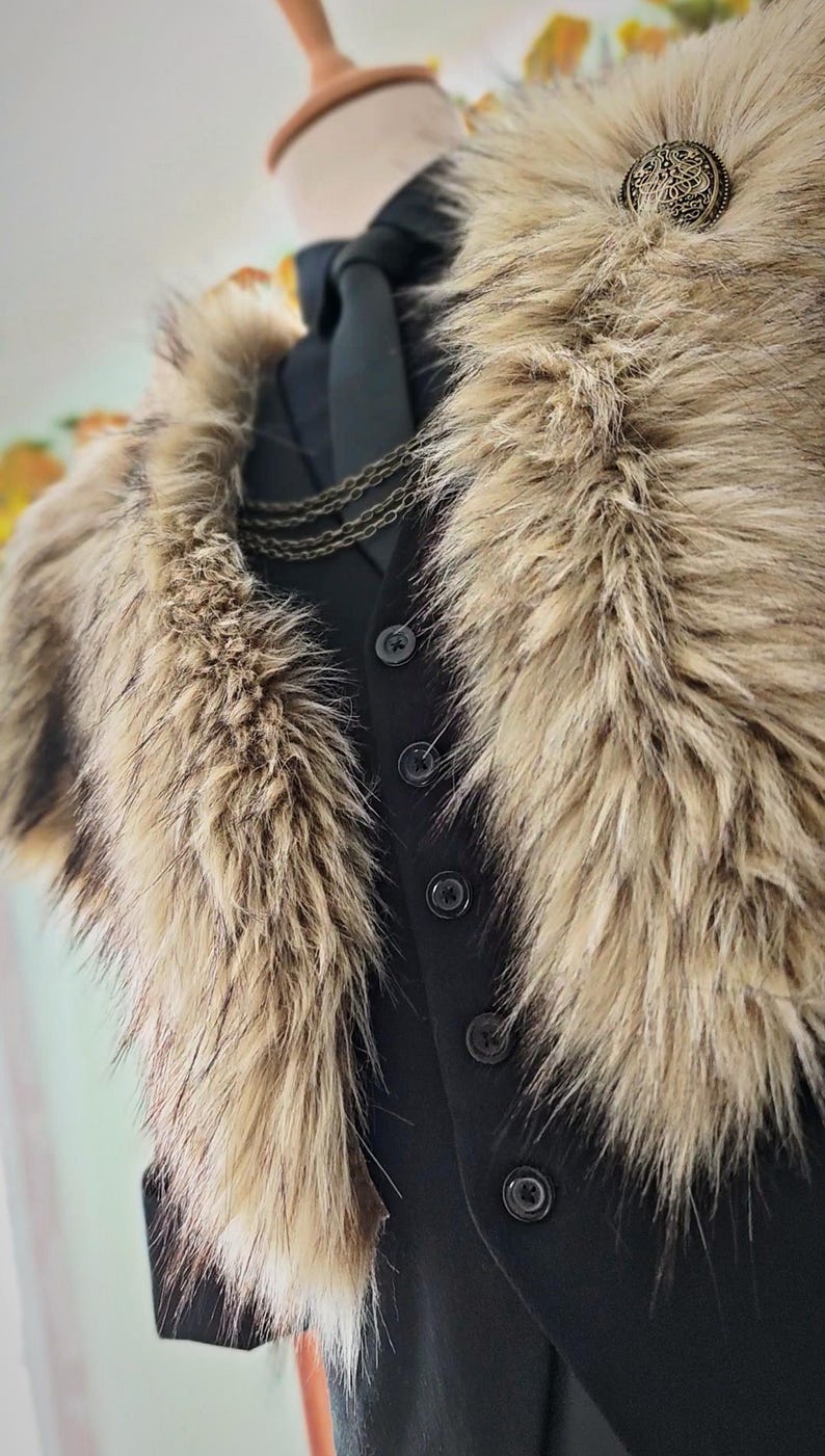 Wild Wolf Vegan Fur Viking Mantle with Brooches, Barbarian Edition image 7
