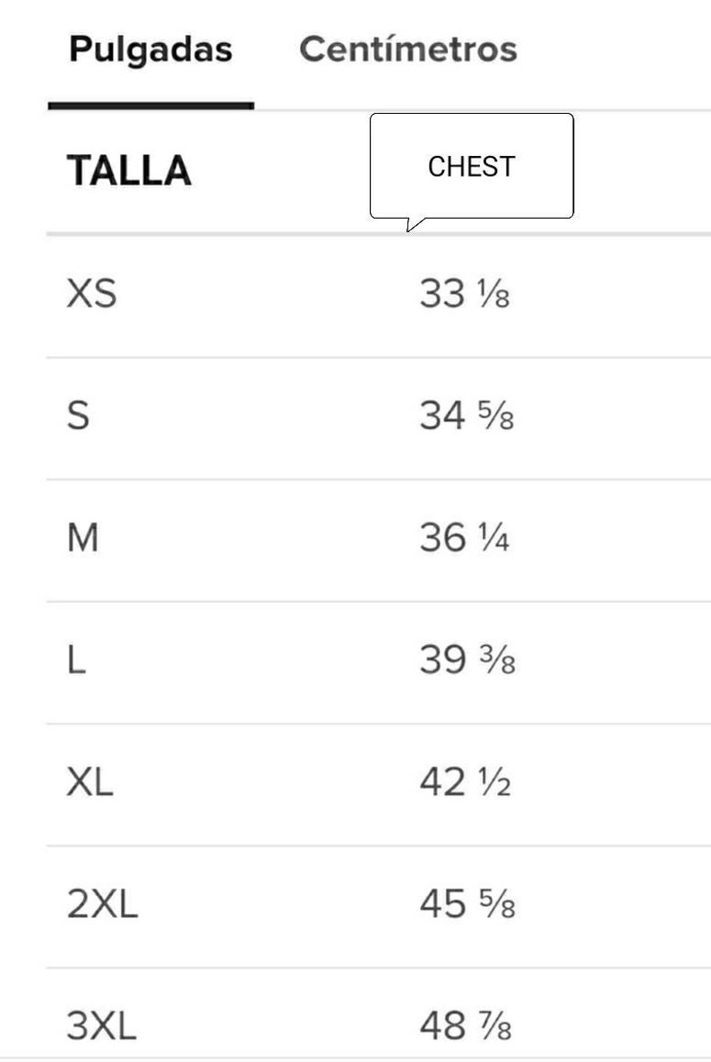 K&ouml;nnte beinhalten: Gr&ouml;&szlig;entabelle mit Brustumfang in Zoll und Zentimetern. Die Tabelle umfasst die Gr&ouml;&szlig;en XS, S, M, L, XL, 2XL und 3XL.