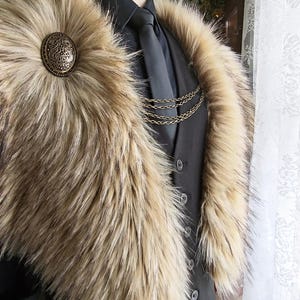 Wild Wolf Vegan Fur Viking Mantle with Brooches, Barbarian Edition image 9