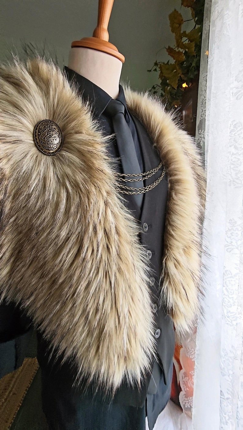 Wild Wolf Vegan Fur Viking Mantle with Brooches, Barbarian Edition image 9