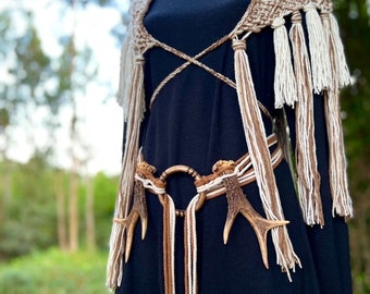Nordic Shaman Shawl: Harvest Witch Belt, Vegan Antler Amulet