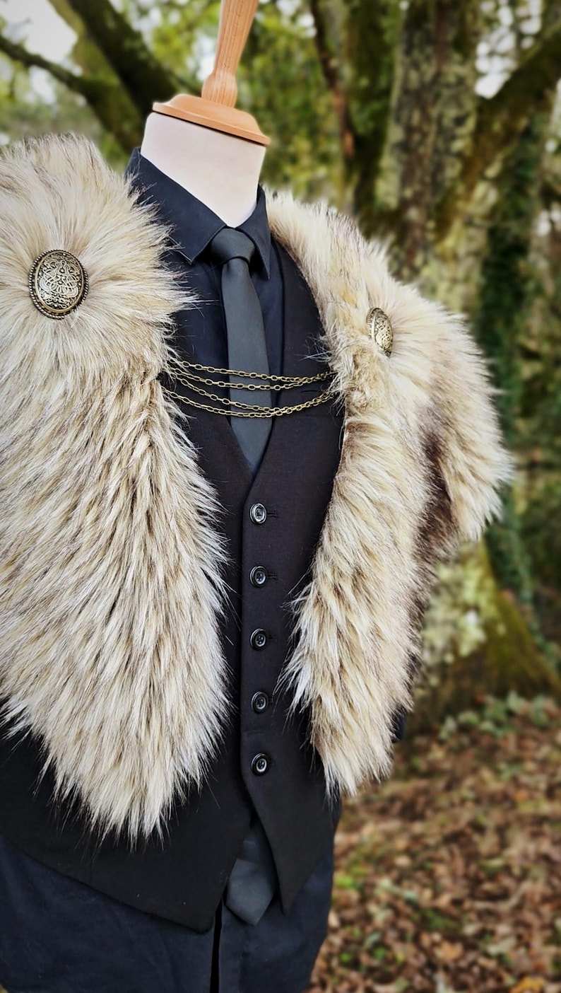Wild Wolf Vegan Fur Viking Mantle with Brooches, Barbarian Edition image 4