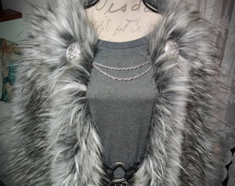 Gray Fur Viking Cape, Norse Wedding Cloak with Brooches