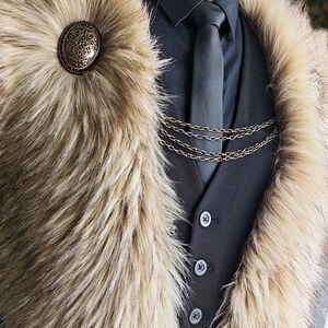 Wild Wolf Vegan Fur Viking Mantle with Brooches, Barbarian Edition image 3