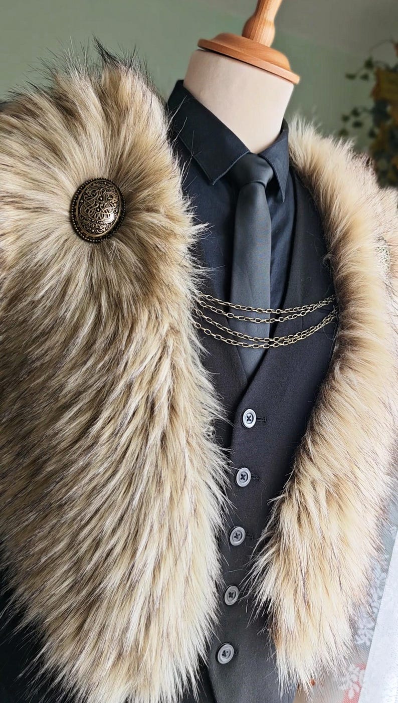 Wild Wolf Vegan Fur Viking Mantle with Brooches, Barbarian Edition image 3