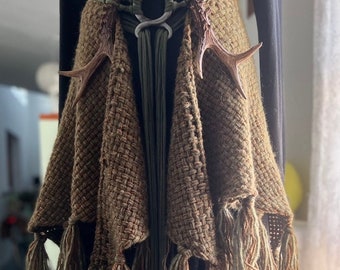 Big Handwoven Shawl, Norse Witch Shawl: Viking Wedding Wrap with Nordic Amulet Belt