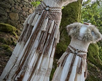 Princess of the North Viking Wedding Set | Matching Bride & Flower Girl Dresses Custom Colors, Norse Belt, Shawl and Fur Mantle, Handfasting