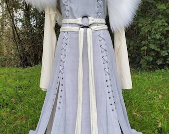 Viking Wedding Full Set, dress, underdress, belt with antlers Greenish brown non braided, Norse Fur Mantle Wild Wolf, custom for Celia