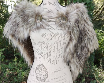 Norse Fur Mantle, Wild Wolf Fur Shoulder, Vegan Fur, Viking Mantle with Brooches, Norse Wedding Mantle