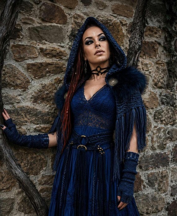 blue viking dress Lady Twilight, Dark Wedding Set: Gothic Norse Pagan Elopement Natural Material Apron Made In USA black lace sparkle dress Color:Blue/Multicolor