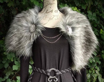 Grey Wolf Vegan Fur Viking Wedding, Norse Wedding Mantle with Brooches
