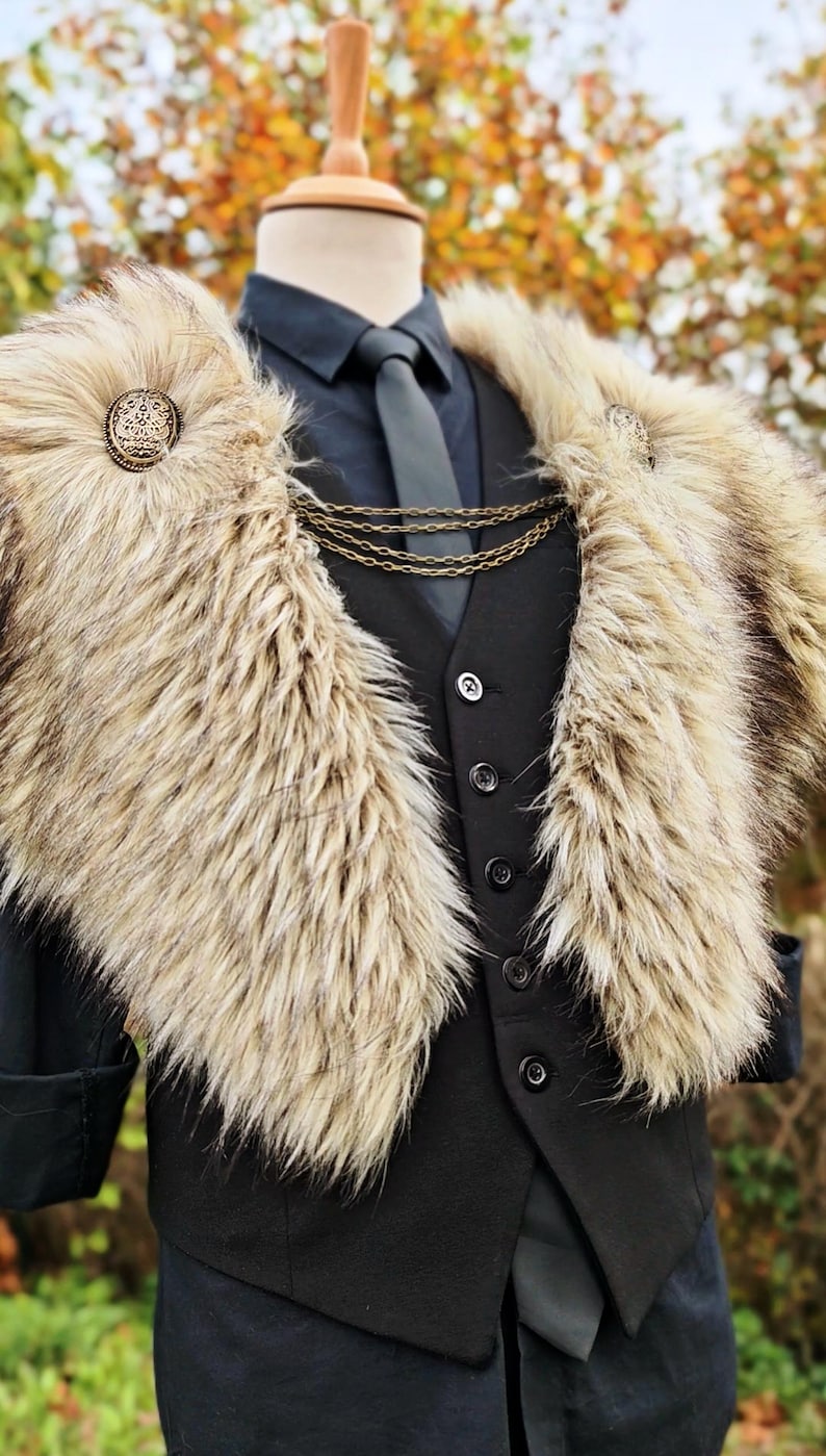 Wild Wolf Vegan Fur Viking Mantle with Brooches, Barbarian Edition image 2