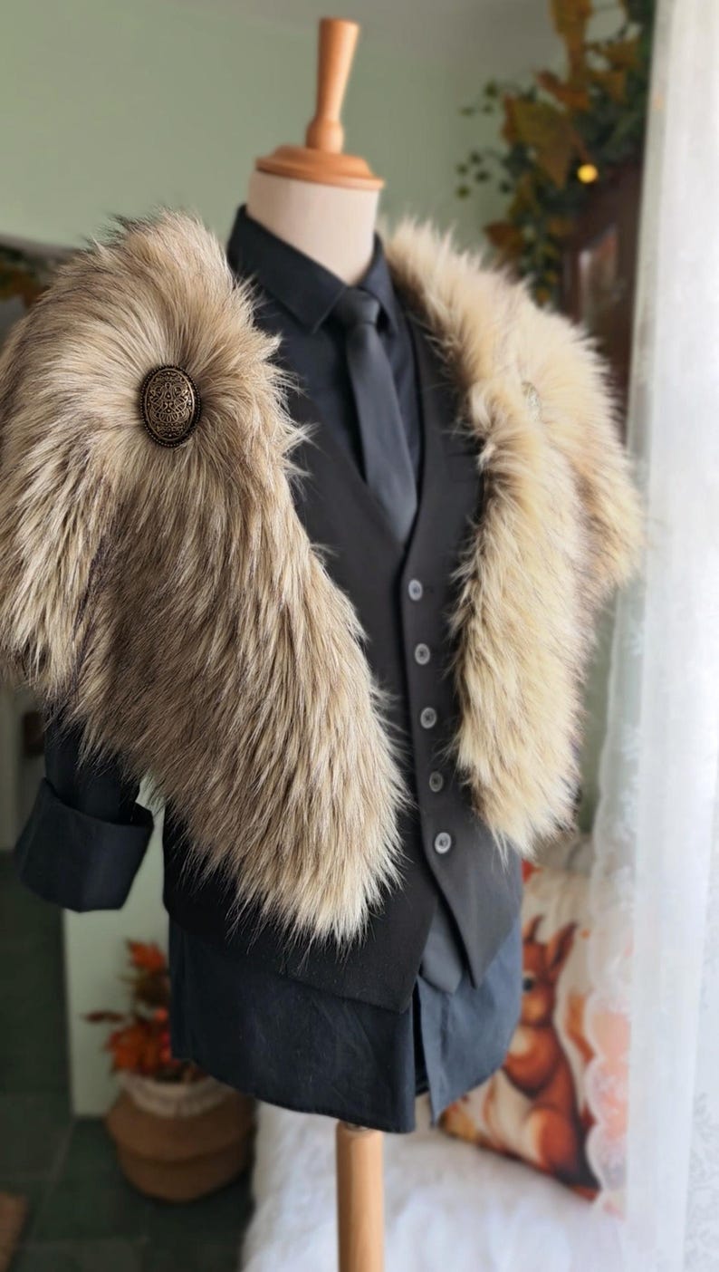 Wild Wolf Vegan Fur Viking Mantle with Brooches, Barbarian Edition image 1