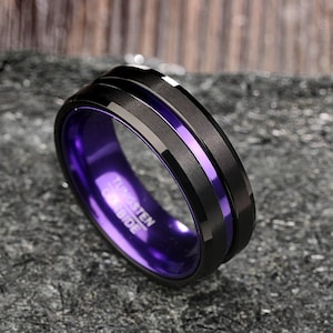 Purple Tungsten Ring,Men&#39;s Black Wedding Band,Two Tone Ring, Anniversary Ring,8mm Engagement Ring,Unique Tungsten Band, Anniversary Ring