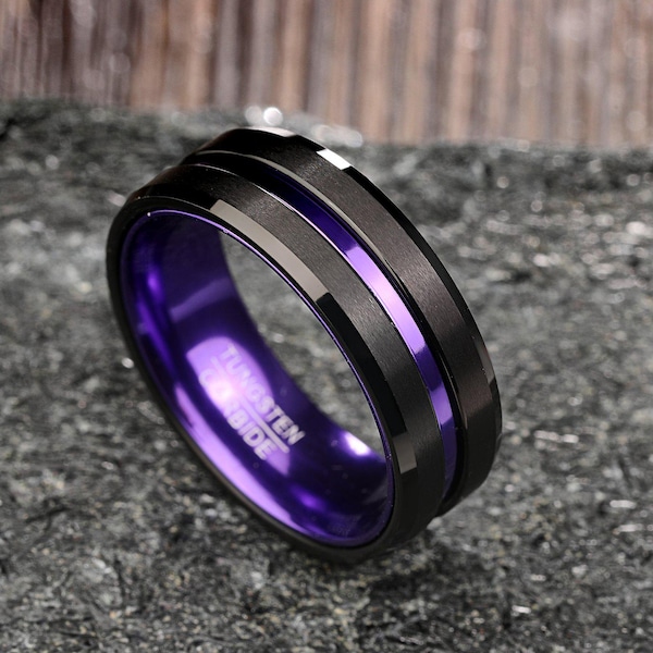 Anillo de tungsteno morado, alianza de boda negra para hombre, anillo bicolor, anillo de aniversario, anillo de compromiso de 8 mm, alianza de tungsteno única, anillo de aniversario