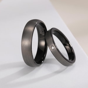 His and Hers Wedding Band,6mm & 4mm Couples Black Tungsten Ring Set ,Couples Promise Ring,Tungsten Ring Set,Engagement Ring,Anniversary Gift
