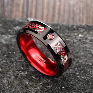 Red Tungsten Ring, Black Men&#39;s Ring,Red Celtic Dragon Ring,Men’s Red CZ Inlay Tungsten Wedding Band,Anniversary Gift,Engagement Ring