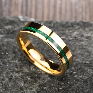 Malachite Tungsten Wedding Band,Gold Tungsten Ring,Tungsten Carbide Ring,Mens Green Stone Wedding Band,Mens Engagement Ring,Anniversary Gift