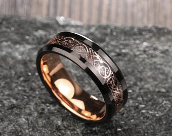 Anello in tungsteno oro rosa nero, fede nuziale con drago celtico unico, anello vichingo da uomo, anello celtico da uomo, fede nuziale in tungsteno, regalo di anniversario