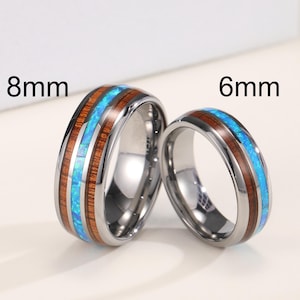 Koa Wood Tungsten Wedding Rings,Blue Opal Inlay Tungsten Rings,8mm & 6mm Couple Rings Set,His and Her Rings,Engagement Ring,Couple Bands