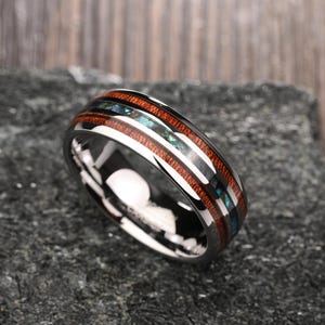 Koa Holz & Abalone Muschel Inlay Wolframring, Herren Silber Ehering, 8 mm Hawaiianisches Koa Holz, Holzring, Versprechen Band, Jubiläumsgeschenk