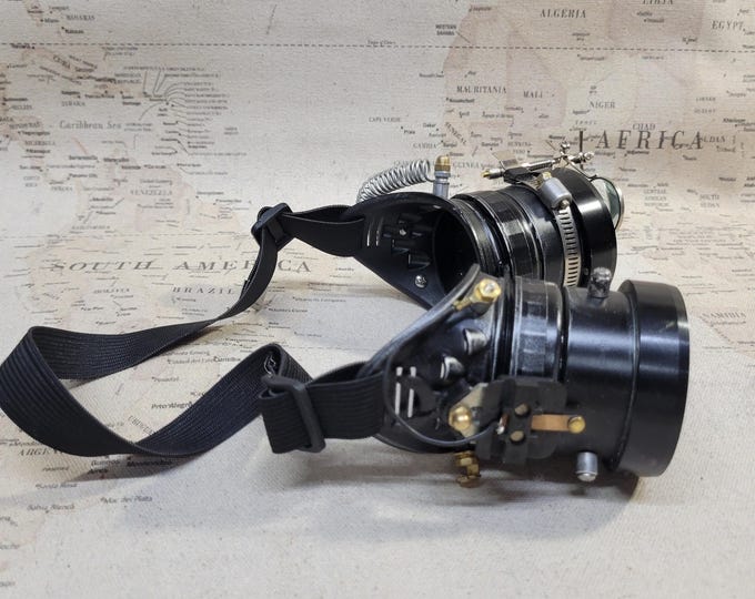 Aged Black Steampunk Engineer Goggles With Double Extension Rings and a Double Magnifying Loupe